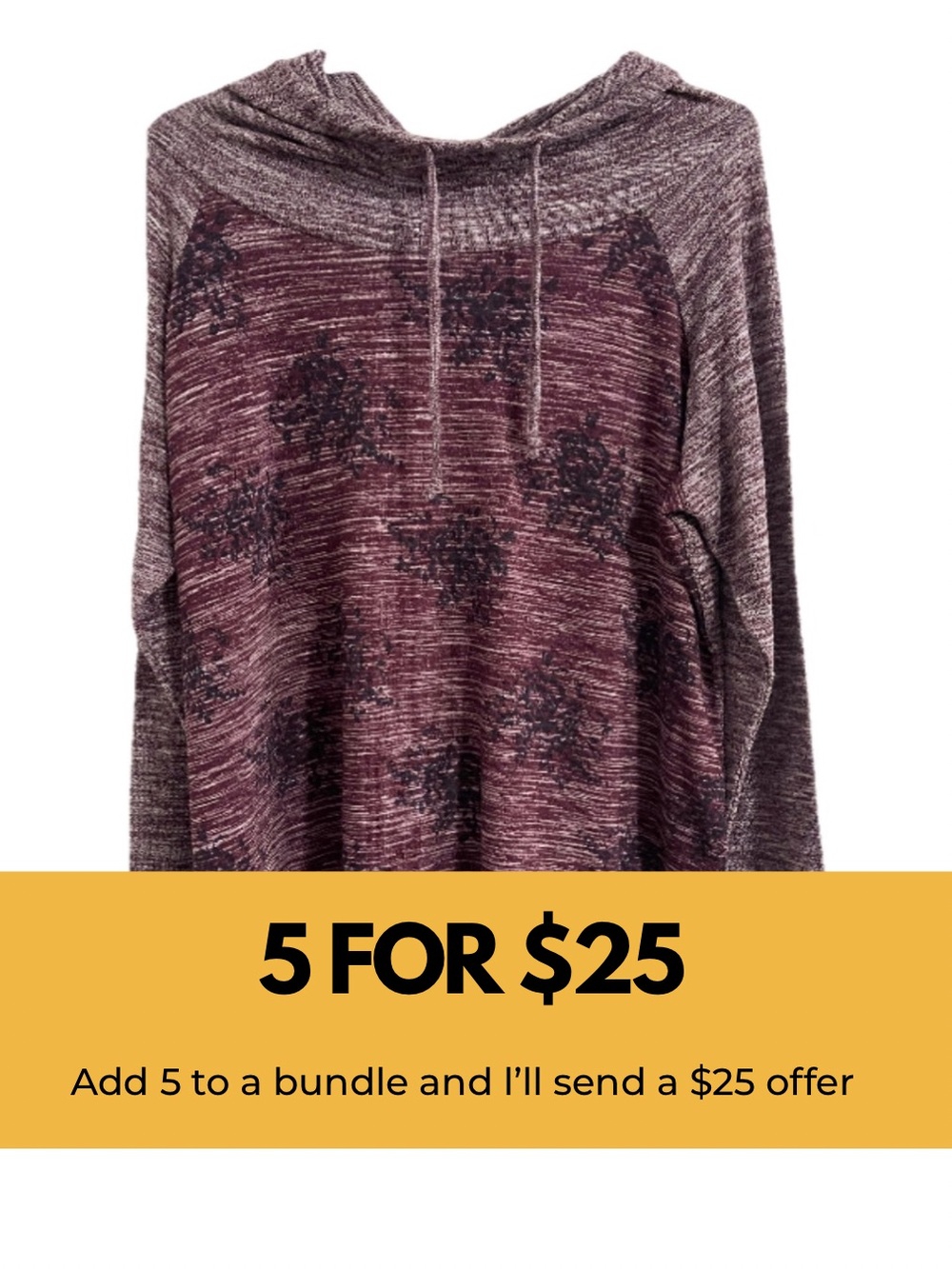 Warehouse Marled Plum Hooded Top with Dark Floral Print